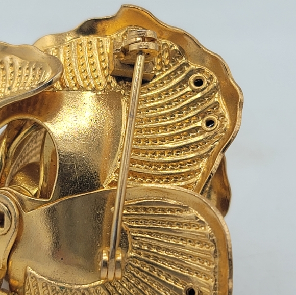 3D Rose Brooch Gold tone w/ Rhinestones & Faux Pearls Midcentury Vintage - Picture 9 of 12